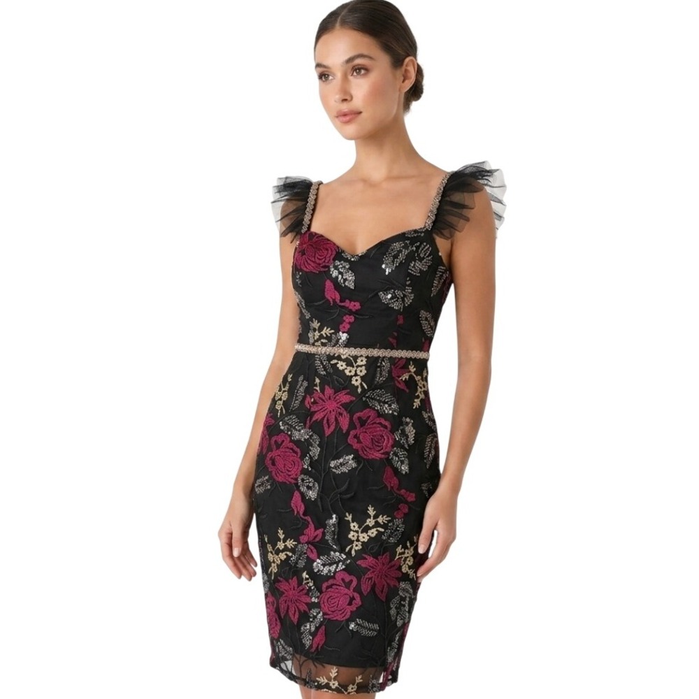 Lulus Cocktail Dress Women Small Black‎ Pink Floral Embroidered Sequin Bodycon